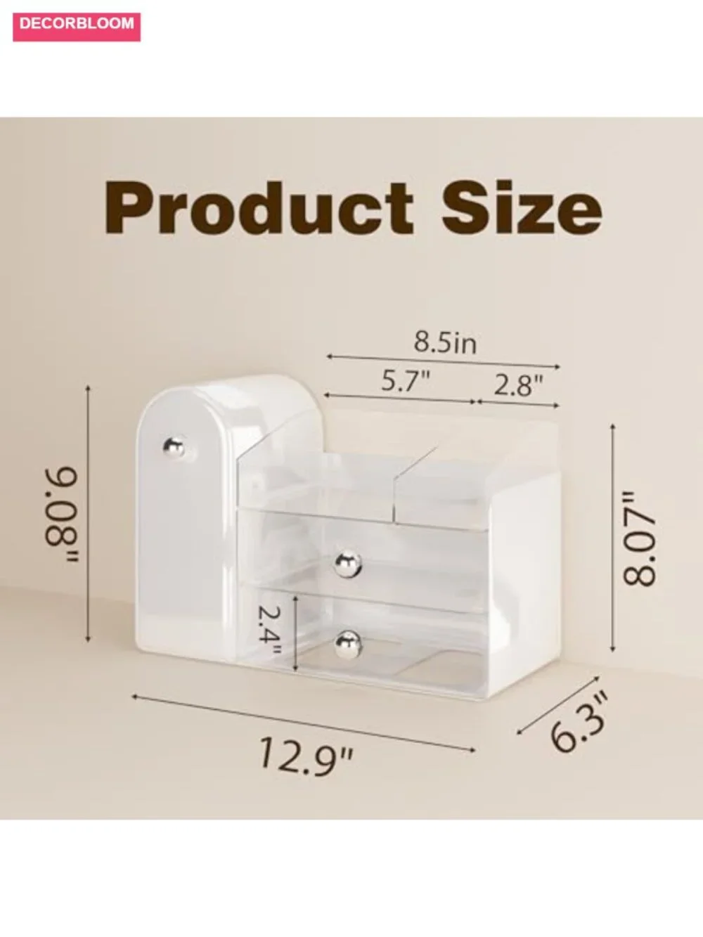Large Makeup Organizer with Dustproof Brush Holder, 2 Clear Drawers for